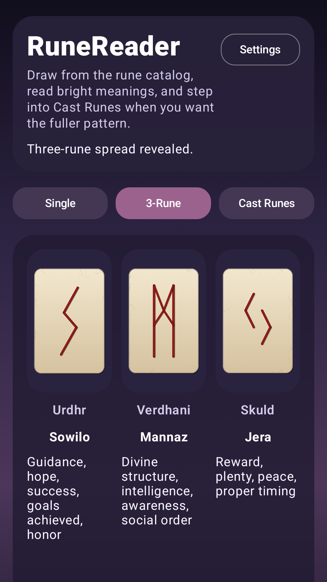 RuneReader three-rune spread screen